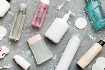 Mockup for bathing products top view flat lay, spa razor, toothpaste, soap, gel and other various...