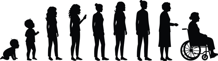 Stages of Woman's Life from Baby to Elderly in Wheelchair, Depicting Human Aging Process and Life Cycle, Flat Vector Silhouette Illustration
