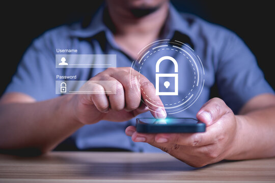 Man using a smartphone with a login interface and padlock icon. Cybersecurity and Data Protection Concept. - Powered by Adobe