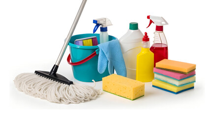 household cleaning supplies including mop, gloves, spray bottles, detergent, and sponges. Perfect for home care blogs, cleaning service websites, hygiene promotions, or instructional content