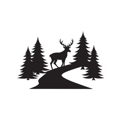 Fototapeta premium Deer With Antlers On Forest Path Silhouette
