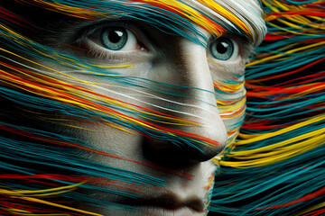 Abstract representation of adult ADHD with fragmented face and chaotic motion blur, symbolizing focus vs distraction.