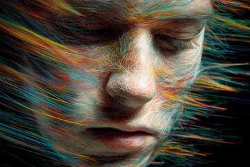 Abstract representation of adult ADHD with fragmented face and chaotic motion blur, symbolizing focus vs distraction.