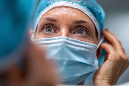 Female surgeon tying surgical mask in front of mirror before entering operating room, preparation moment, 