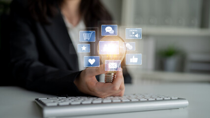 Icons representing social media interaction, communication, and engagement. Social media builds community, social media drives connection, and social media influences behavior. Latch