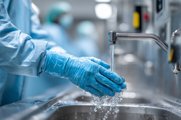 Portrait of surgeon washing hands with elbow faucet in preparation room, sterile environment,