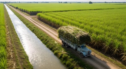 Aerial view of a truck laden with sugarcane traveling along a dirt road bordered by irrigation channels and vibrant green sugarcane fields under a bright sky.