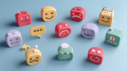 Various social media reaction elements and feedback symbols displayed as colorful modern icons with thin black lines on a white background