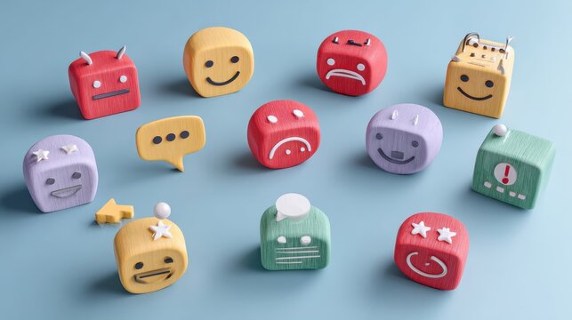 Various social media reaction elements and feedback symbols displayed as colorful modern icons with thin black lines on a white background