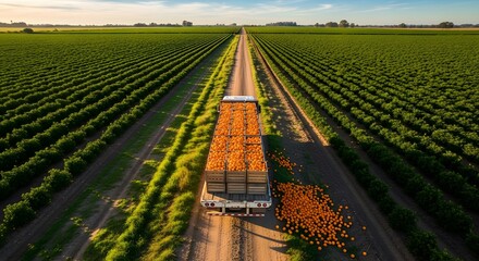 Aerial view of a truck carrying harvested produce driving through a vast agricultural field during golden hour sunlight