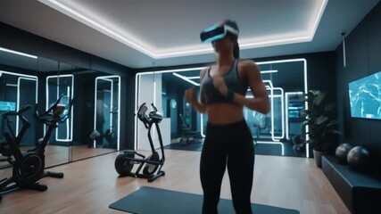 Woman using virtual reality for fitness in modern gym with advanced technology workout routine - Powered by Adobe