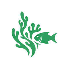 Green Fish Among Marine Plants. A striking graphic of a vivid aquatic creature nestled within verdant underwater flora. This abstract illustration portrays ecological harmony and natural concealment.