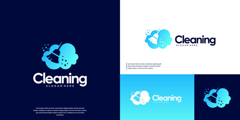 Cloud logo symbolizing cleanliness, combining a broom and soap bubbles, vector design template.