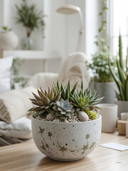 Succulents in diy concrete pot. Scandinavian room interior decor