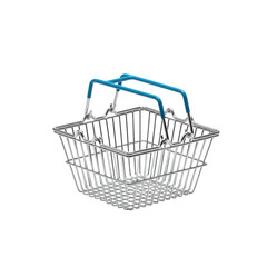A perfect, empty, miniature grocery shopping basket made of shiny metal wire, ultra-realistic product photography on a transparent, shadowless studio background, concept for commercial product display