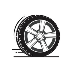 Dynamic Car Wheel with Modern Rim. Sleek monochrome illustration of a vehicle tire and rim. Motion lines symbolize speed, progress, and performance against a stark background.