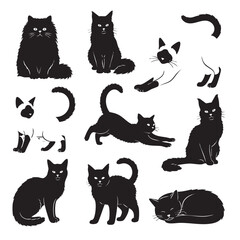 Create a kinds of different cute cat vector art silhouette with white background