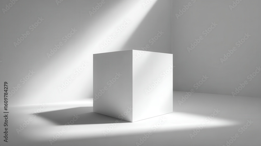 Poster white cube standing alone in a white room corner receiving morning light through a window creating a