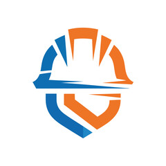 Dynamic Safety Helmet Icon. Abstract hardhat emblem symbolizes industrial protection and engineering. Modern geometric design in vivid blue and orange conveys innovation, progress, and teamwork.