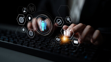 Business teamwork system showing digital communication and performance tracking. Teamwork improves...