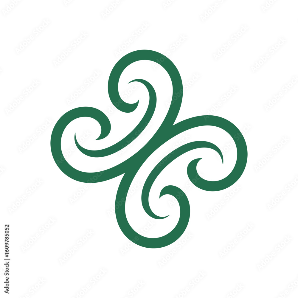 Poster green swirl art design. a captivating symmetrical pattern featuring four interconnected deep spirals