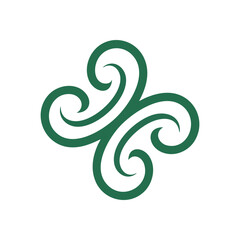 Fototapeta premium Green Swirl Art Design. A captivating symmetrical pattern featuring four interconnected deep spirals on a dark background. This graceful emblem signifies constant renewal, natural flow, and enduring.
