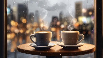 Two cups of coffee on a rainy night