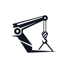 Industrial Crane Hook Abstract Icon. Modern graphic illustration featuring a robust lifting arm and hoist. Symbolizes strength, construction, progress, and engineering.