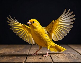 Vibrant yellow bird in mid-flight, wings outstretched, perched on a rustic wooden surface