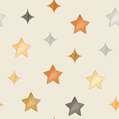 Halloween Watercolor seamless pattern illustration on vanilla ice background with gold, orange and gray stars, cute spooky elements for kids party, invitation, card, decoration, digital paper, fabric