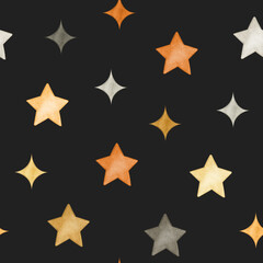 Obraz premium Halloween Watercolor seamless pattern illustration on black background with gold, orange and gray stars, cute spooky elements for kids party, invitation, card, decoration, digital paper, wallpaper