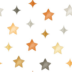 Halloween Watercolor seamless pattern illustration on white background with gold, orange and gray stars, cute spooky elements for kids party, invitation, card, decoration, digital paper, wallpaper