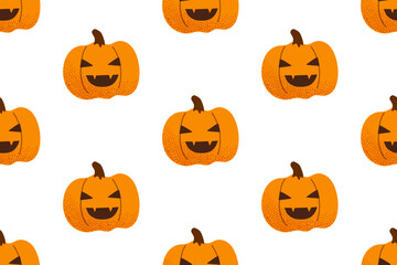 Seamless pattern with cartoon Halloween pumpkins. Funny jack-o-lantern faces. Festive wrapping, fabric, and seasonal decor. Vector illustration