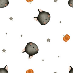 Halloween Watercolor seamless pattern illustration on white background with black cat, pumpkin and star, cute spooky elements for kids party, invitation, card, decoration, digital paper, wallpaper