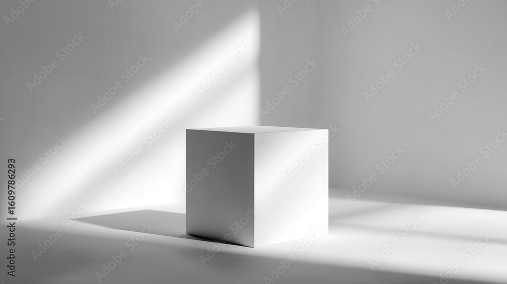 Poster white cube standing alone in a white room corner receiving morning light through a window creating a