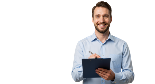 Professional with Clipboard: Organized, Friendly, and Ready for Action