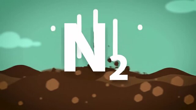 Cartoon illustration of a nitrogen molecule over soil, set against a teal background