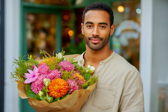 Young man holding a bouquet of colorful autumn flowers outside a shop  
