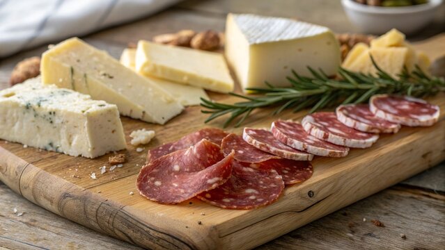 Gourmet cheese and salami platter with rosemary on wooden board - Powered by Adobe