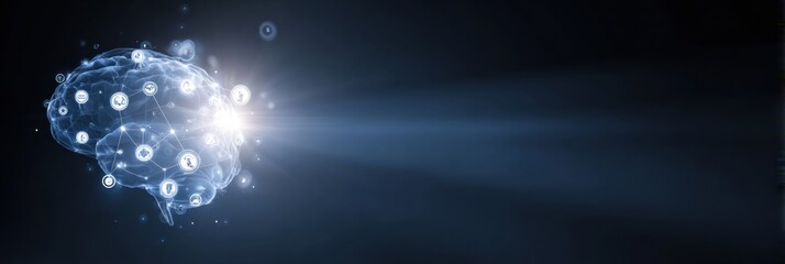 Abstract Glowing Brain Interconnected With Technology Icons in a Futuristic Setting With Space for Additional Elements