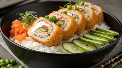 Delicious deep fried sushi roll with rice and fresh vegetables
