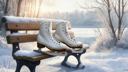 Winter skates on a park bench