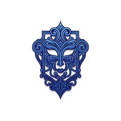 Mystical Blue Ornate Mask. An artistic rendering of a majestic blue visage, adorned with elaborate scrollwork and a deep, captivating hue. Symbolizes ancient heritage, strength, and enigmatic beauty.