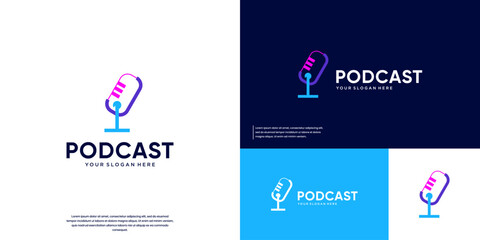 Simple microphone podcast logo, abstract tech style, vector design template.
