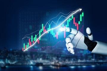 A futuristic robotic hand touches a digital financial graph, symbolizing the intersection of...