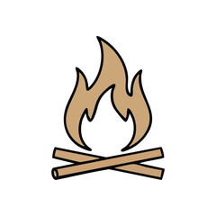 Minimalist Campfire Icon. Abstract graphic of a burning bonfire with natural log fuel on a dark backdrop. Represents warmth, outdoor adventure, and primal energy.