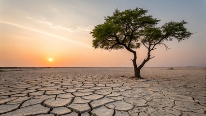 Lone tree survives in arid cracked earth under sunset sky