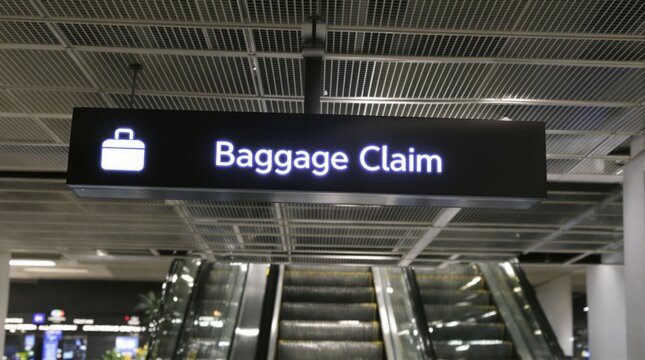 Baggage claim sign in an airport. The sign is illuminated and positioned above an escalator. The environment is modern and spacious. - Powered by Adobe