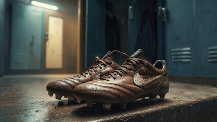 Worn soccer cleats in a locker room