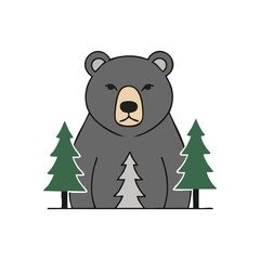Woodland Bear and Pine Trees Graphic. Delightful animated ursine drawing. This peaceful forest imagery embodies nature's serene beauty and wild spirit, perfect for calm designs.
